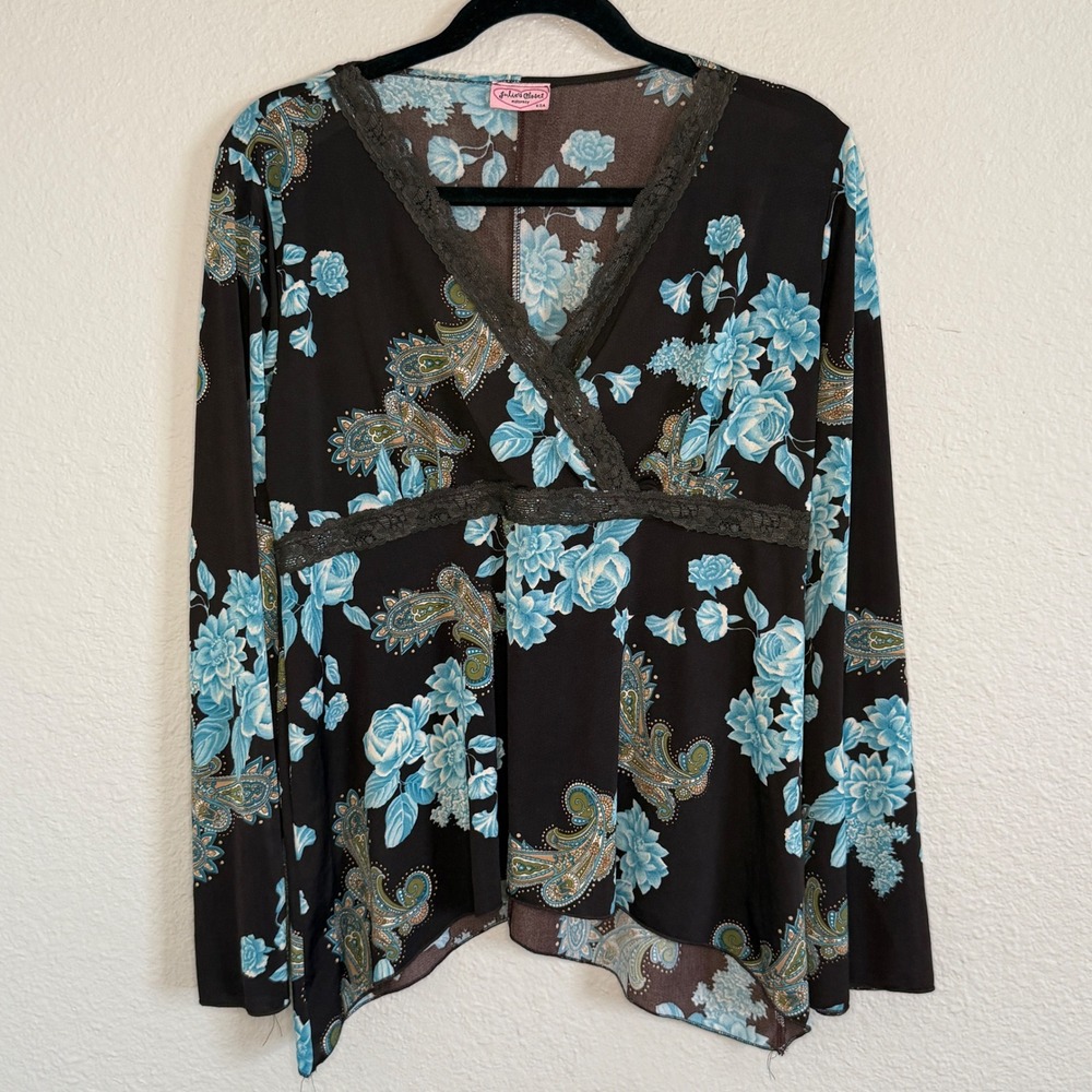 Julies Closet Maternity M/L Brown Floral Babydoll Top Stretch Fairy Flare Sleeve